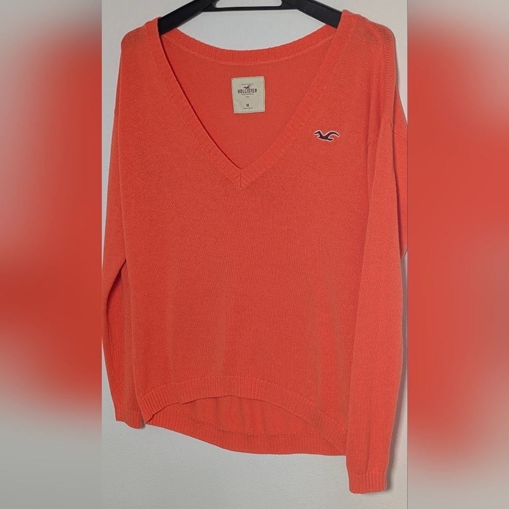 Hollister Women Orange V-Neck Sweater Long Sleeve Logo Hi-Low Size M EUC - Picture 3 of 11